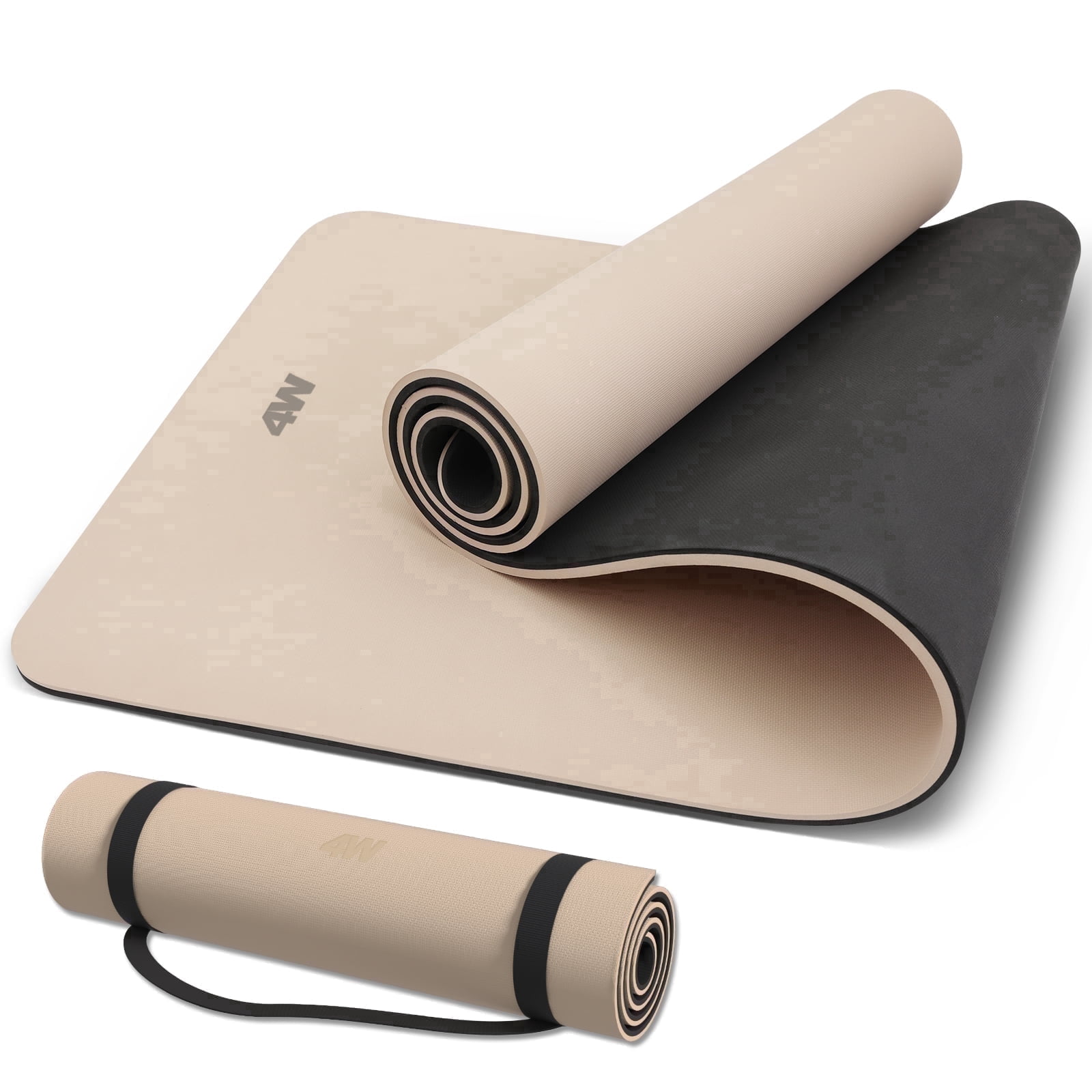 4W 10mm Thick Yoga Mat- TPE Non-Slip Exercise Mats with Strap for Home Workout/Pilatesfor Women Men72"×26"(Beige + Black)