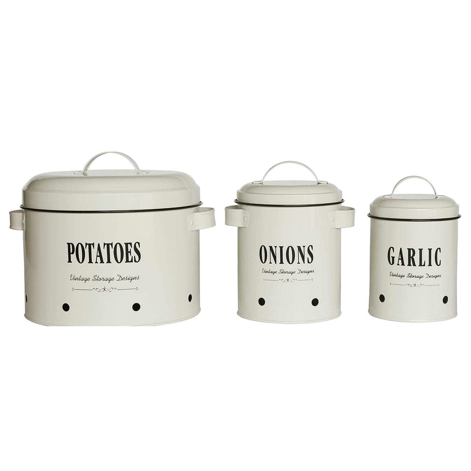 4W 3-Piece Metal Kitchen Storage Canister Set with Lids, Breathable Containers for Potato, Onion and Garlic, Countertop Organizer