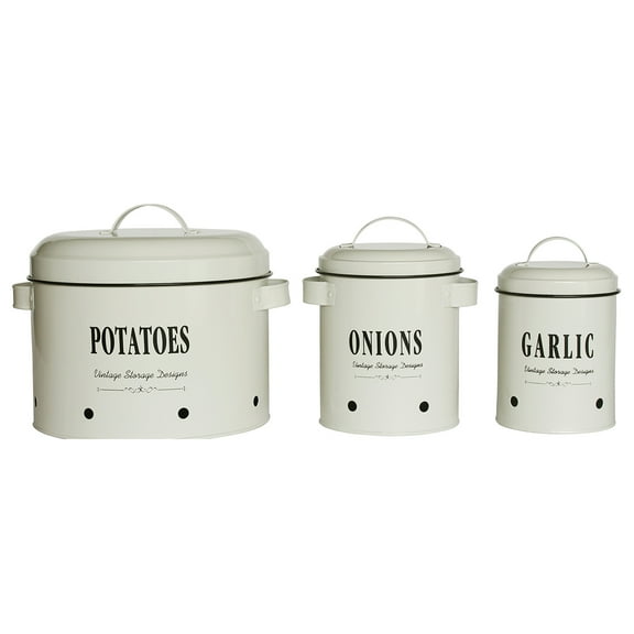 4W 3-Piece Metal Kitchen Storage Canister Set with Lids, Breathable Containers for Potato, Onion and Garlic, Countertop Organizer