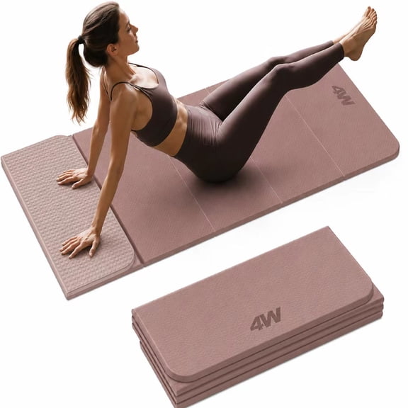 4W Foldable Yoga Mat Long, 10mm Extra Thick TPE Non-slip pilates Mats for Home and Travel, 75 x 26 in, Quick Folding/Storage No Curling(Brown + Beige)