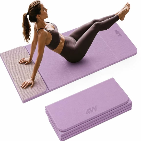4W Foldable Yoga Mat Long, 10mm Extra Thick TPE Non-slip pilates Mats for Home and Travel, 75 x 26 in, Quick Folding/Storage No Curling (Purple + Grey)