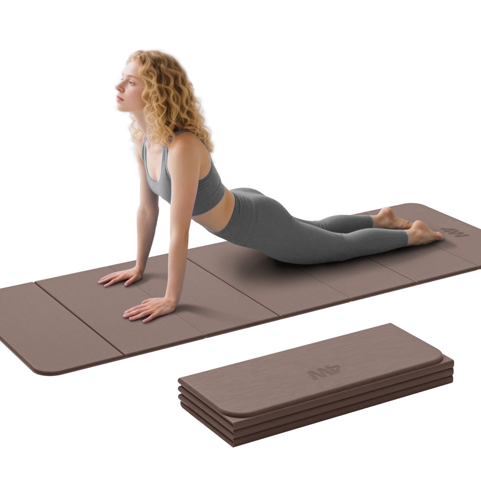 4W Foldable Yoga Mat 8mm Thick, TPE Non-Slip Fitness Mats, 3-in-1 for Yoga/Step Stool/Meditation, Quick Storage No Curling(Brown)