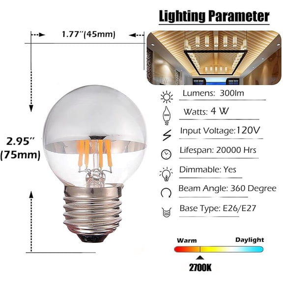 4W Half Chrome Light Bulbs Dimmable G45, Silver Tipped Mirror Retro Decorative LED Edison Bulb E26 Base 2700K Soft White 40W Equivalent Edison Bulbs with Half Chrome LED for Home Lighting , 4-Pack