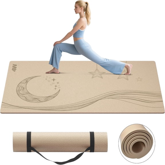 4W Large Yoga Mat 72" x 40" Extra Wide Execrise mat ,Non-Slip Muscle Mat with Strap for Pilates, Fitness, Home Gym(Beige)