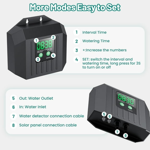 4W Solar Drip Irrigation System, Digital Programmable Smart Watering with 2200mAh Battery for 15 Potted Plants Outdoor Indoor Garden