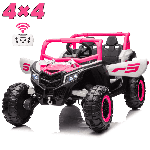 4WD 24 Volt Ride on Toys, Funride 2 Seater Electric Car for Kids, 800W Power UTV Wheels with LED Light, Bluetooth, Horn, Pink
