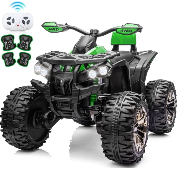 4WD 24 Volt Ride on Toys with Remote, Joyracer 4 Wheeler for Kids, Power ATV Wheels, Toy Gift with Bluetooth Music, Horn, LED for Big Kids, Green