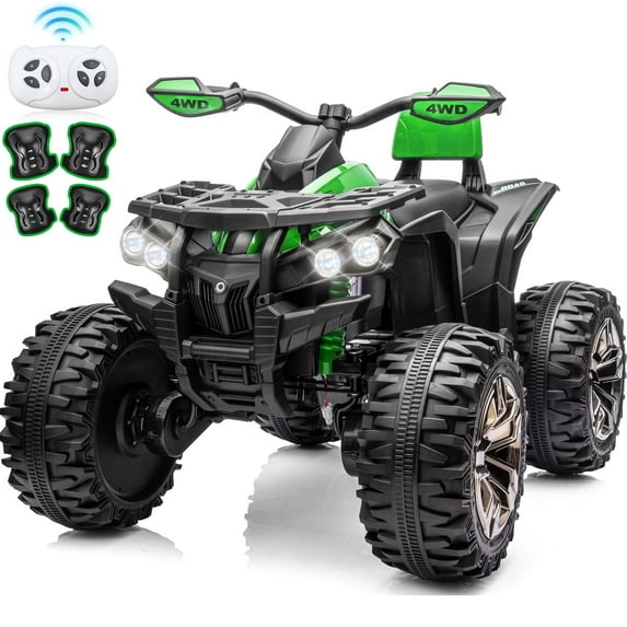 4WD 24 Volt Ride on Toys with Remote, Joyracer 4 Wheeler for Kids, Power ATV Wheels, Toy Gift with Bluetooth Music, Horn, LED for Big Kids, Green