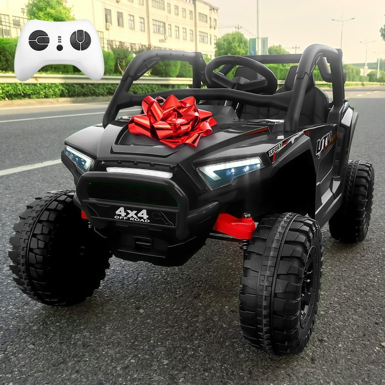 4WD 24V Ride on Toys  for Kids w/Parent Remote Control, 2 Seater  7AH Kids Battery Powered Vehicles, Bluetooth Spring Suspension, Storage for Gift, Black