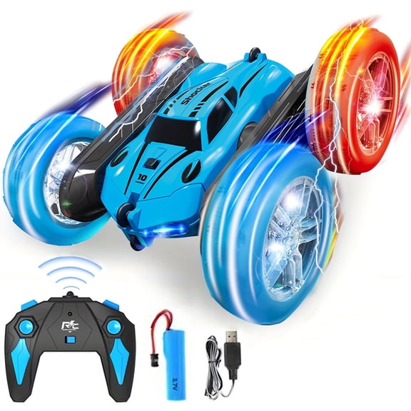 4WD Dual-Sided Stunt Car with Lights, Tires, and Swivel Arms; Rolling Stunt Car for Boys and Girls; Remote-Controlled Stunt Car with Dual-Side Controls; 360 Rotating Remote-Controlled Stunt Car (blu