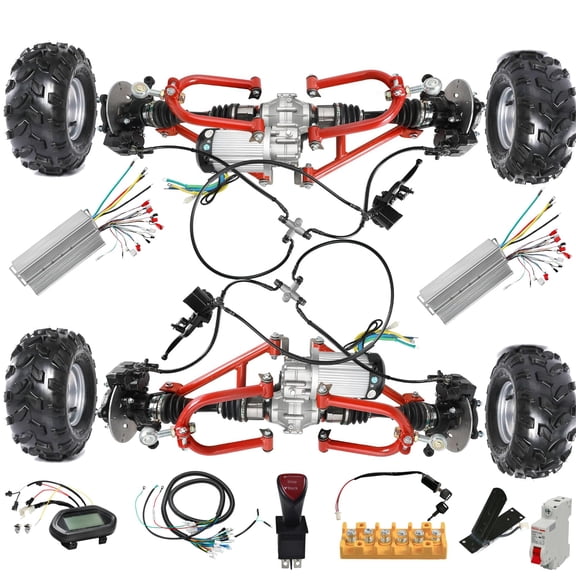 4WD Electric Go Kart Drive System 60V 2500W Brushless Motor Differential CV Axle Swingarm Suspension Brake Assembly 18x9.50-8 Wheels Tires for ATV UTV Quad Buggy Golf Cart Trailer Trike