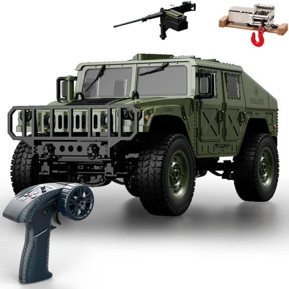 4WD RC Hummer Style Simulation Off Road Vehicle, 2.4G Alloy Remote Control Jeep Model Car With LED Lights, Removable Doors And Modular Battery System- Army Green with Winch