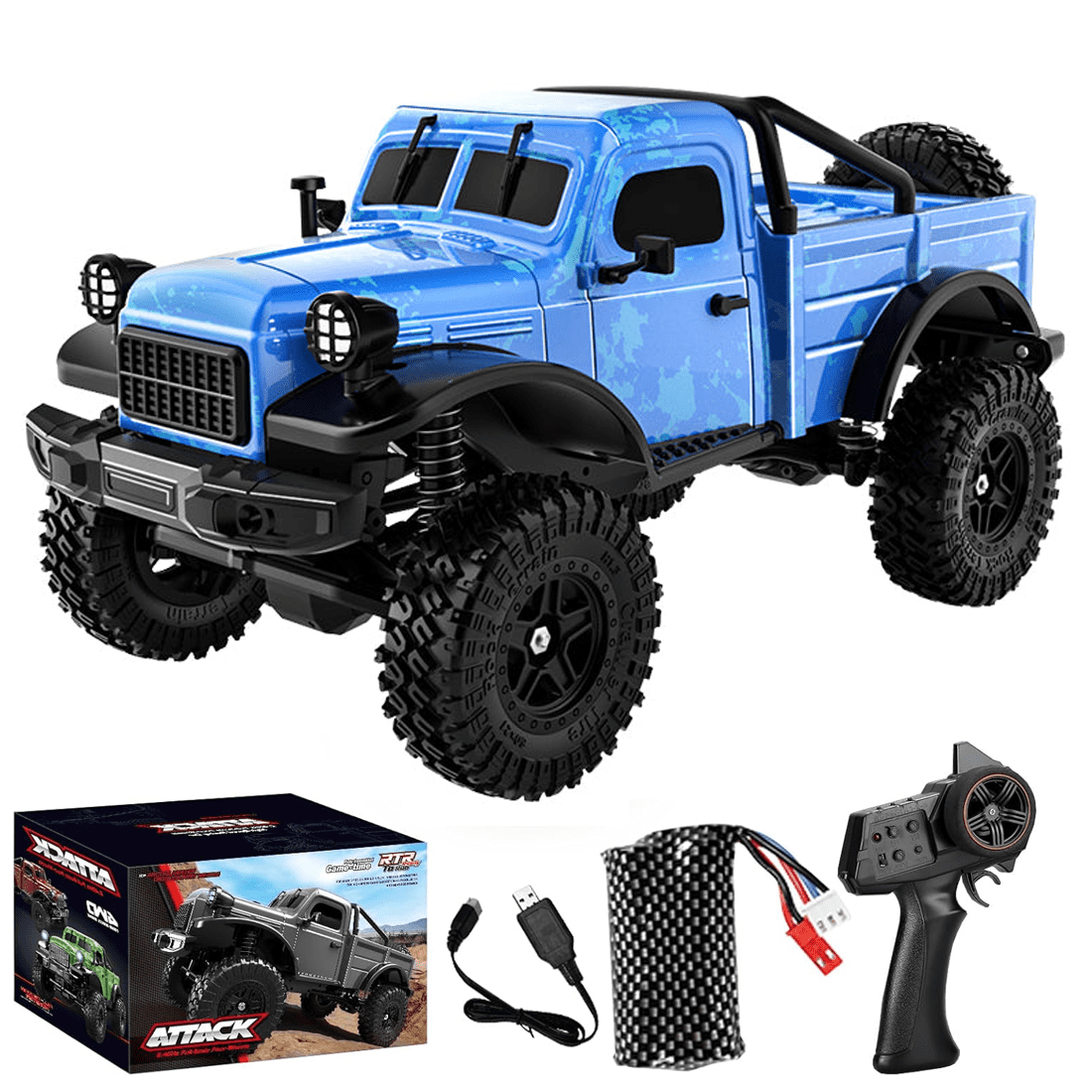4WD RC Rock Crawler Off Road Truck 2.4GHz Remote Control Vehicle With LED Lights 370 Brushed Motor 12KM/H Electric Off Road RC Car Model For Adults Hobbyists - Blue / 1 Battery