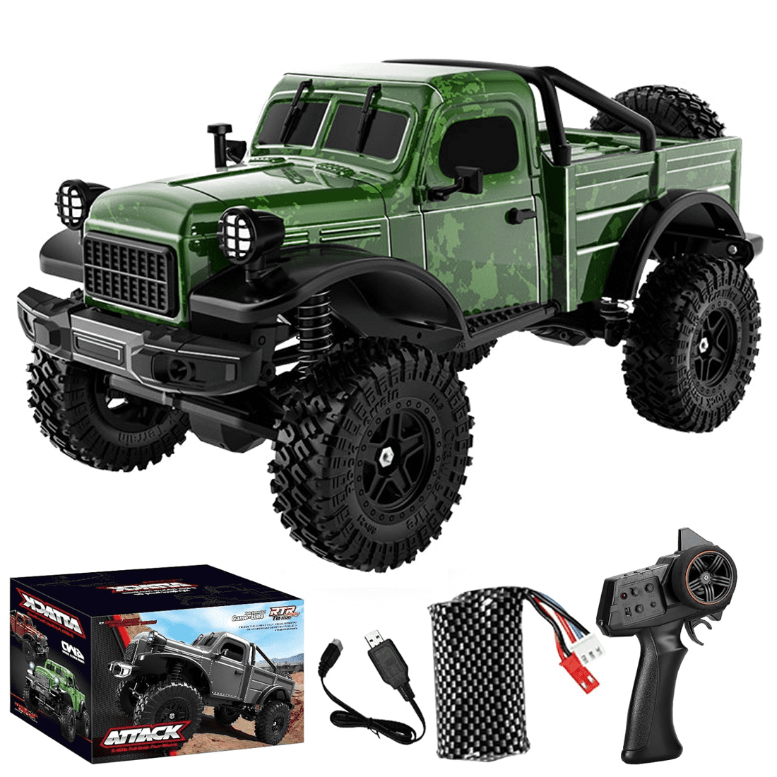4WD RC Rock Crawler Off Road Truck 2.4GHz Remote Control Vehicle With LED Lights 370 Brushed Motor 12KM/H Electric Off Road RC Car Model For Adults Hobbyists - Green / 1 Battery