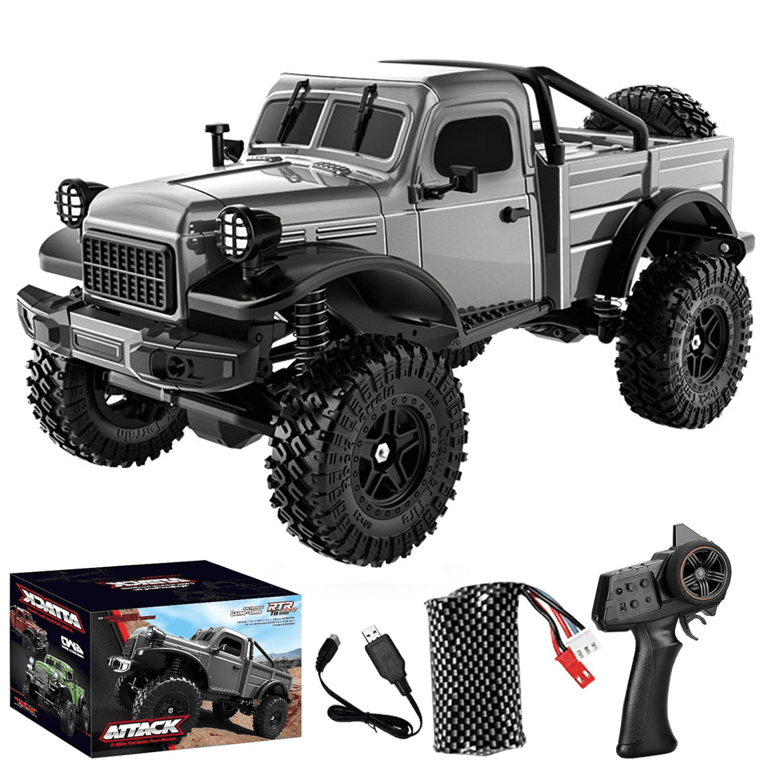 4WD RC Rock Crawler Off Road Truck 2.4GHz Remote Control Vehicle With LED Lights 370 Brushed Motor 12KM/H Electric Off Road RC Car Model For Adults Hobbyists - Grey / 1 Battery