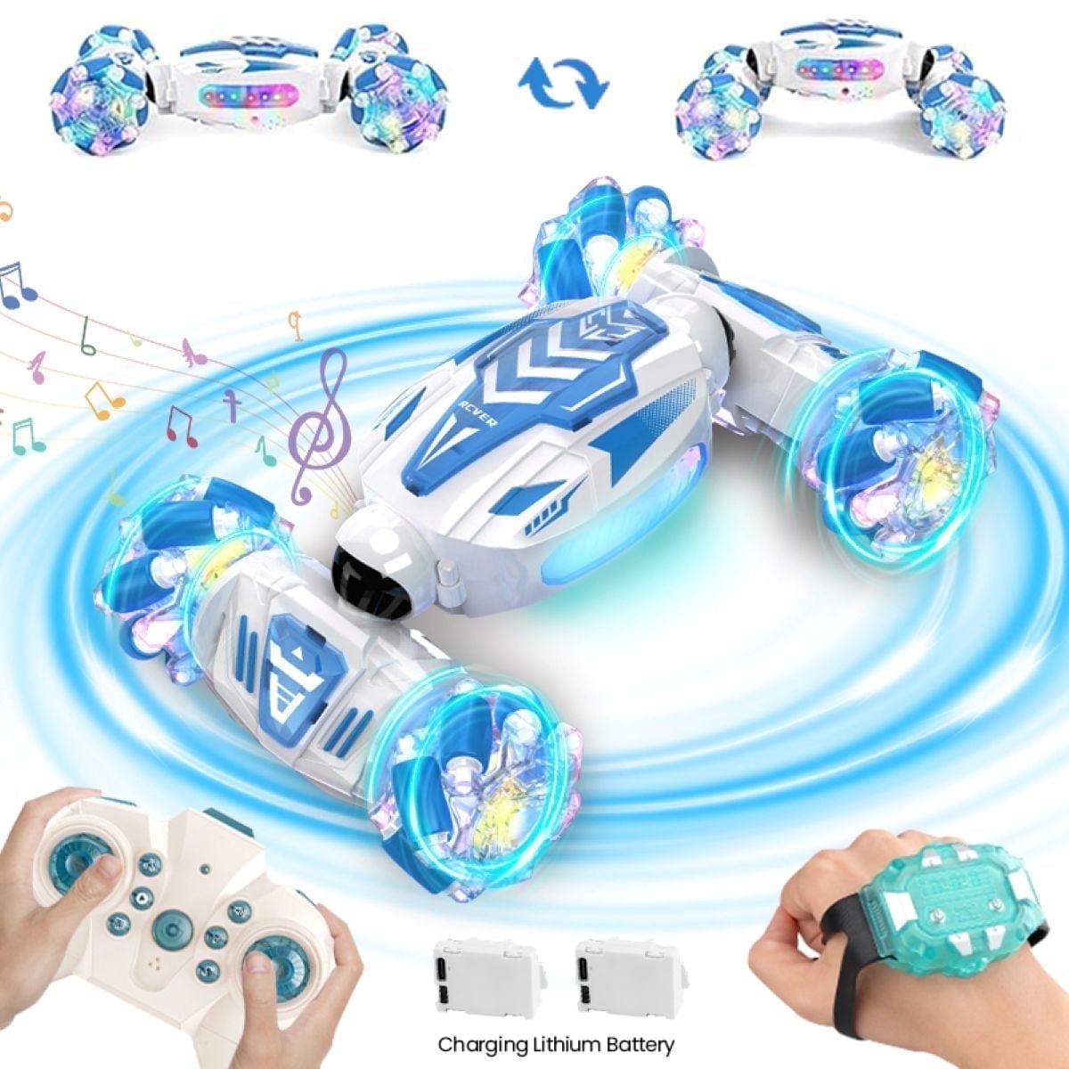 Remote Control Car for Kids, 360° Rotation Gesture Twist RC Stunt Car with Lights & Music for Christmas Birthday Gifts(Blue)