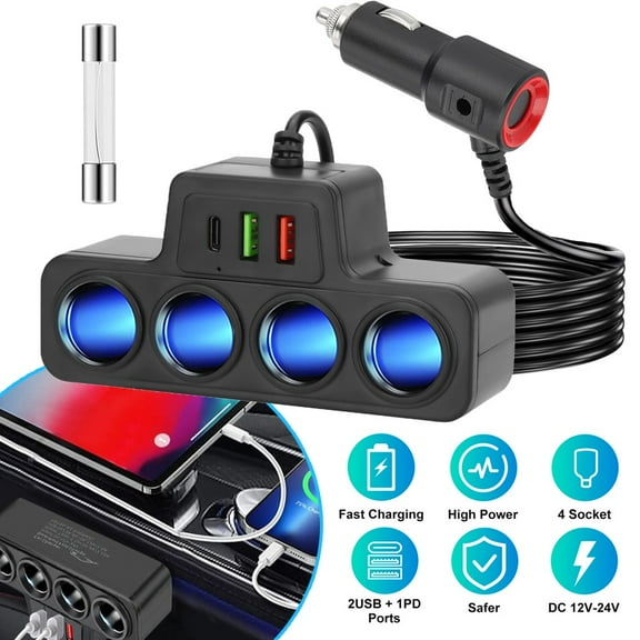 4Way Car Cigarette Lighter Socket Splitter 7-in-1 Fast Charger Power Adapter 12V