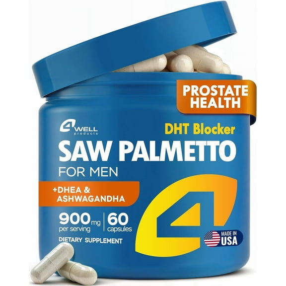 4Well Improved Complex Saw Palmetto for Men with DHEA and Ashwagandha 900mg - Advanced Formula for Prostate Health & Relief, Urinary Support, Prostate Supplements for Men, DHT Blocker, Hair Support