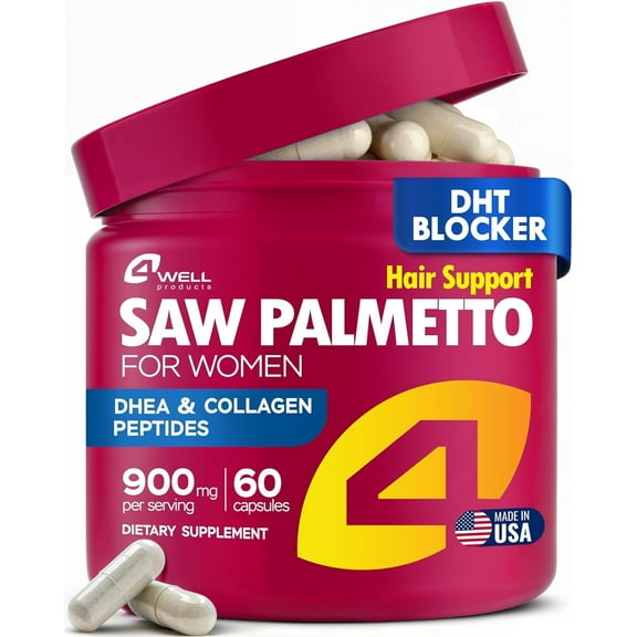 4Well Improved Complex Saw Palmetto for Women Wellness with DHEA Supplement and Collagen Peptides 900mg, Advanced Formula for Hair Skin and Nails, Vitamins & DHT Blocker, Hair Growth 60 Capsules
