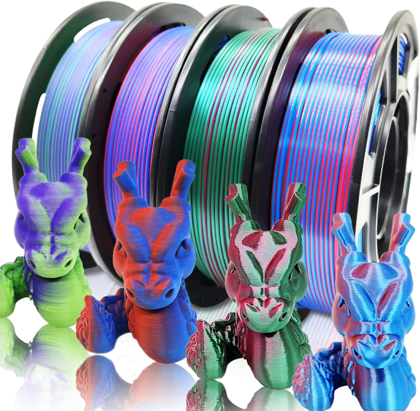Reprapper 4X 250g Color Pack, Dual Filament Coextrusion PLA 1.75mm for 3D Printer, 4 x Spools Matte Red/Blue, Purple/Green, Silk Purple/Green