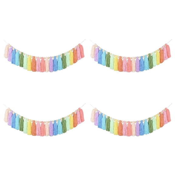 4X 37Inch Pastel Rainbow Tassel Garland with Wood Bead Colorful Tapestry for Bedroom Wall Classroom Nursery Party Decor