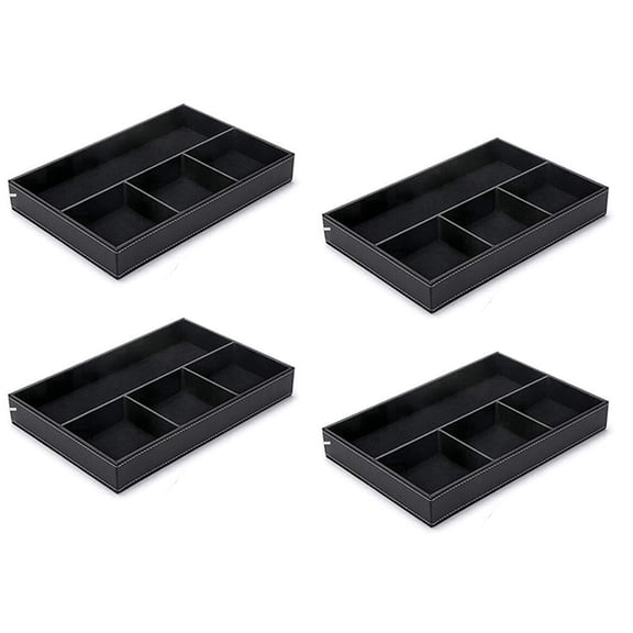 4X 4 Slots Desk Drawer Organizer, Pu Leather Drawer Storage Organizer Divider for Office Desk Supplies Value(Black)