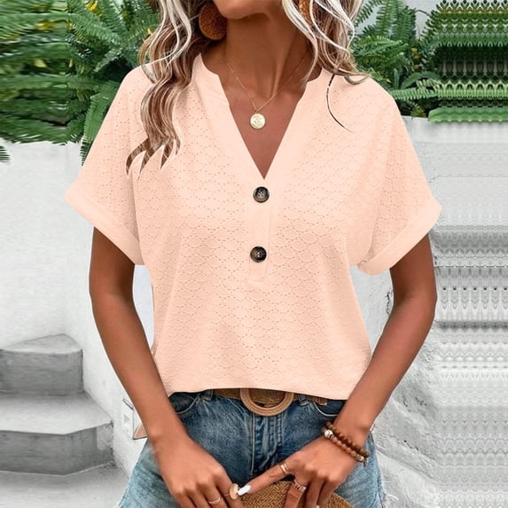 4X-5X Plus Size Eyelet Tops for Women Hollow-Out Short Sleeve T Shirts Womens Casual Solid Color Pullover Button V Neck Summer Beach Tees Top
