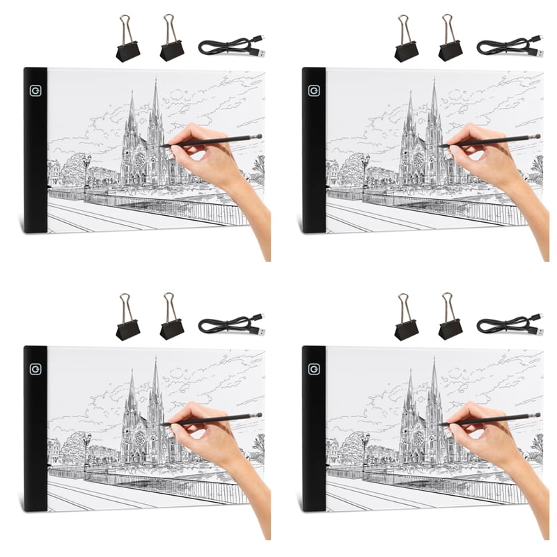 4X A4 LED Light Board, 3 Level Dimmable Brightness USB Power Crafts Light Table for Tracing, Light Drawing Sketch Pad