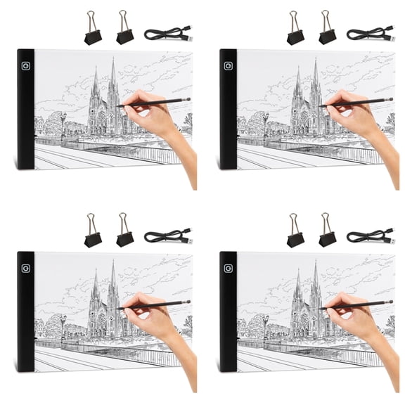 4X A4 LED Light Board, 3 Level Dimmable Brightness USB Power Crafts Light Table for Tracing, Light Drawing Sketch Pad