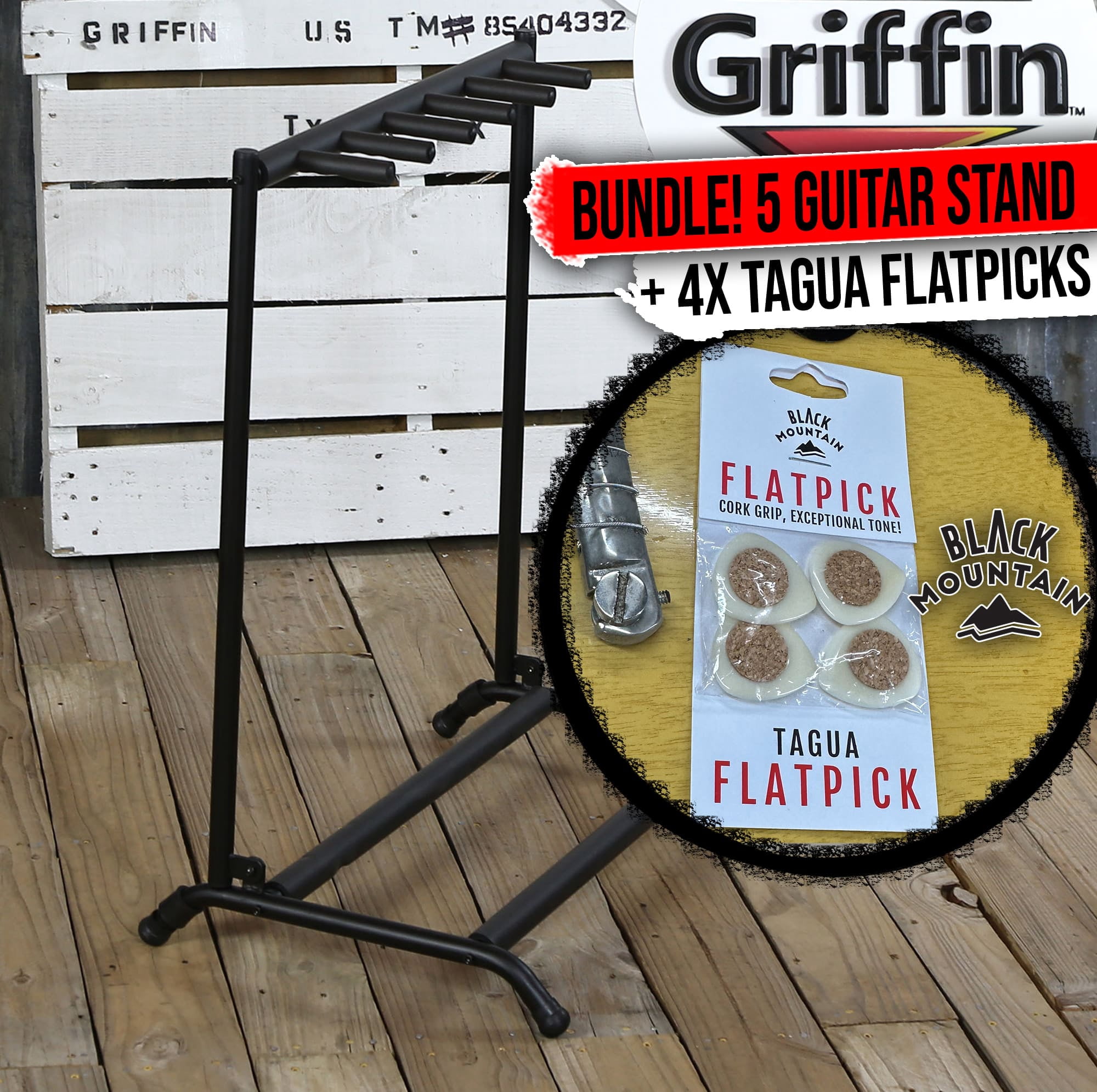 4X BLACK MOUNTAIN Handcrafted Tagua Guitar Pick WITH Griffin 5 Guitar Rack Stand