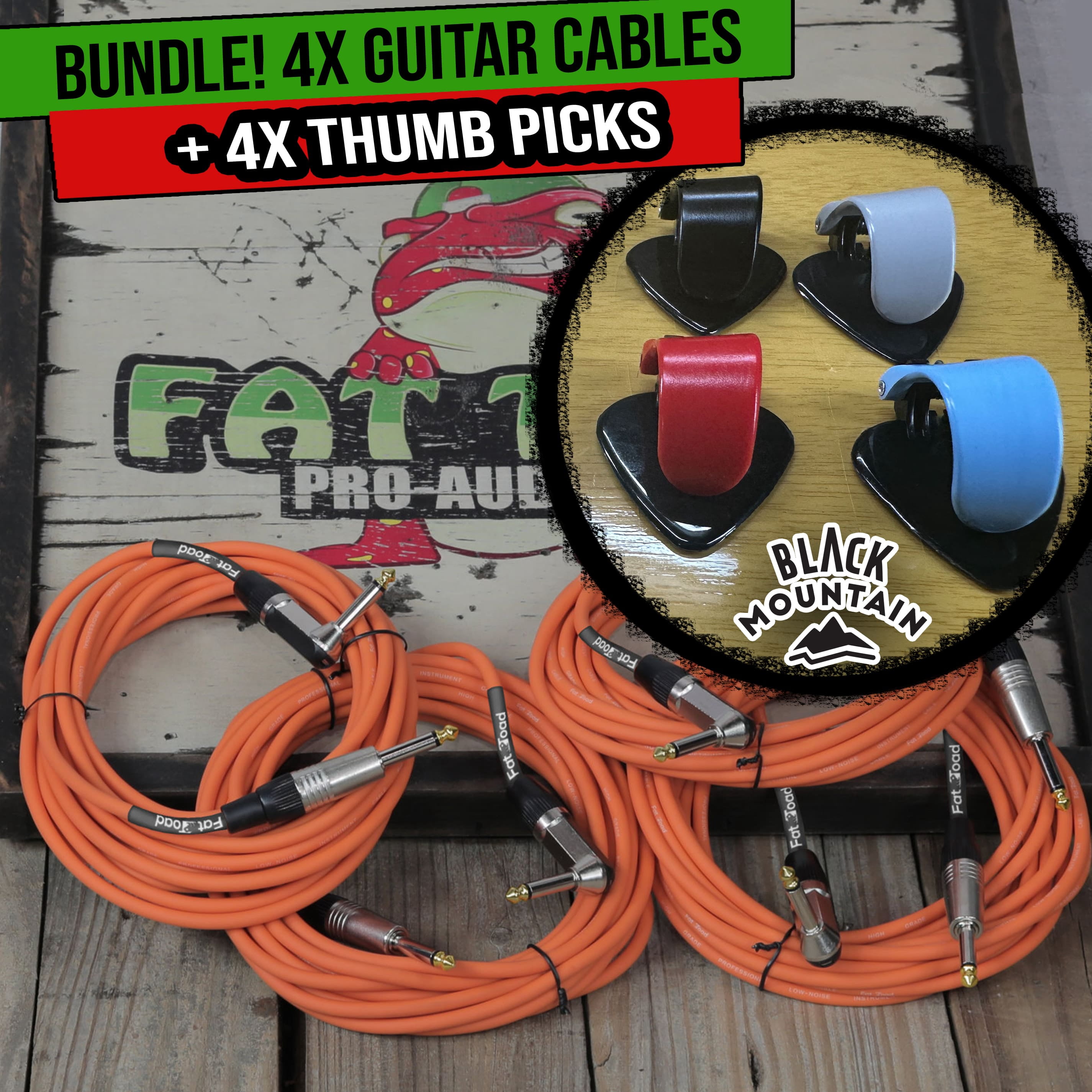 4X BLACK MOUNTAIN Thumb Guitar Picks With Fat Toad 20FT Instrument Cables 4 PACK