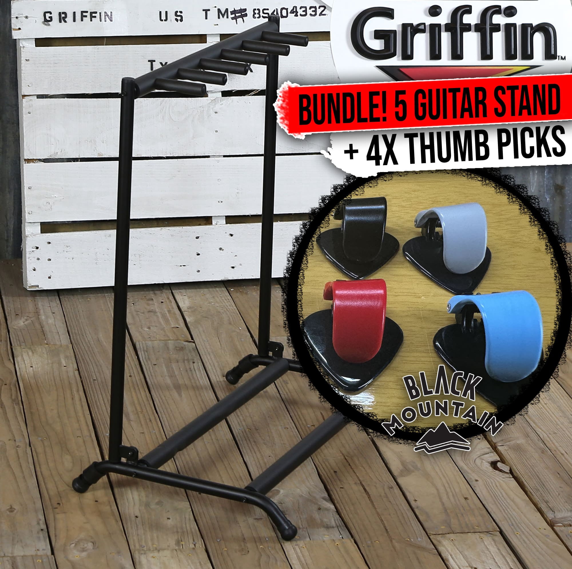 4X BLACK MOUNTAIN Thumb Guitar Picks With Griffin 5 Guitar Rack Stand - BUNDLE