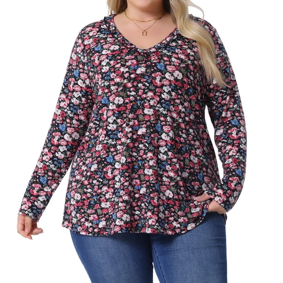 DARING DIVA Women's Plus Size Floral V Neck Long Sleeve Ruffle Tunic Blouses 4X Black Pink