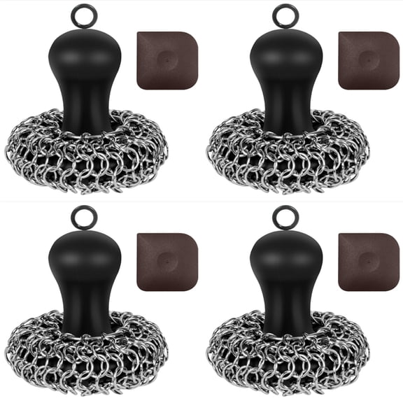 4X Cast Iron Cleaner Chainmail Scrubber, Upgraded Handle Cast Iron Scrubber Brush 316 Chain Mail Scrubber