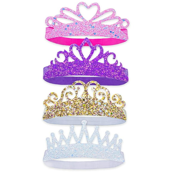 4X Glitter Tiara Headbands for Girls, Toddlers Elastic Princess Crown Hair Bands