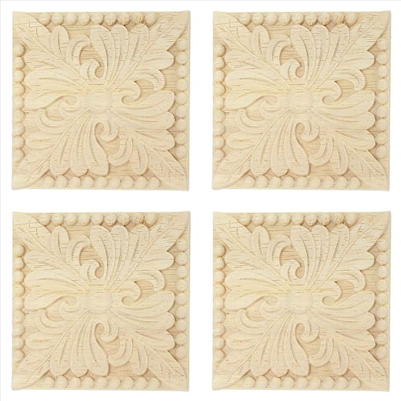 4X Natural Wood Appliques Square Flower Carving Decals Decorative Wooden Mouldings for Cabinet Door Furniture Craft
