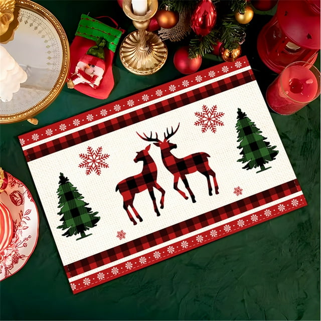 4X Placemats， Waterclor Green Buffalo Plaid Christmas Trees Placemats
