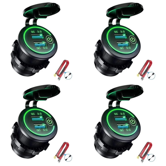 4X QC 3.0 Dual USB Charger Socket,Waterproof 12V/24V USB Outlet with Touch-Switch for Car, Marine,Boat,,Green,4 * Car Charger 4 * Wire,Black&Green