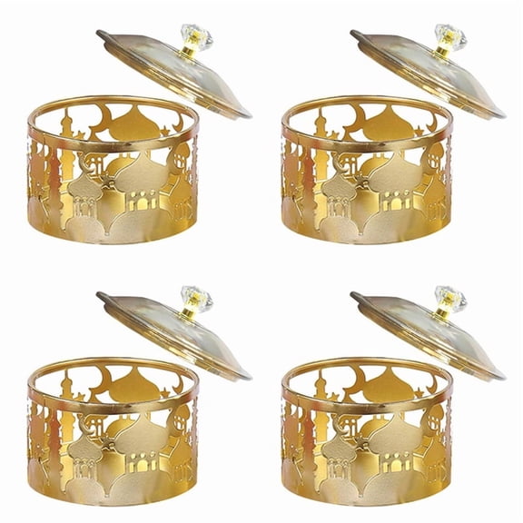 4X Ramadan Trays with Lid - Metal Gold Eid Mubarak Tray Ramadan Plate Candy Dish Food Container Cookie Trinket Box