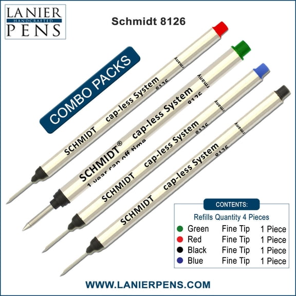 4X Schmidt 8126 Capless System Rollerball Refill Green/Red/Black/Blue Fine Tip 0.6mm