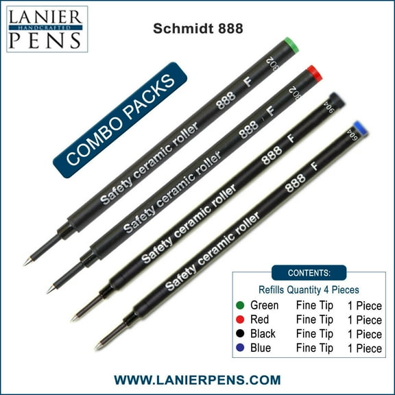 4X Schmidt 888 F Safety Ceramic Rollerball Refill Green/Red/Black/Blue Fine Tip