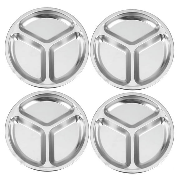 4X Stainless Steel 3 Sections Round Divided Dish Snack Dinner Plate Diameter 24cm