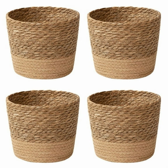 4X Straw Weaving Flower Plant Pot Wicker Basket Rattan Flowerpot Storage Basket Handmade Woven Planter Basket S,4 x Flower Pot