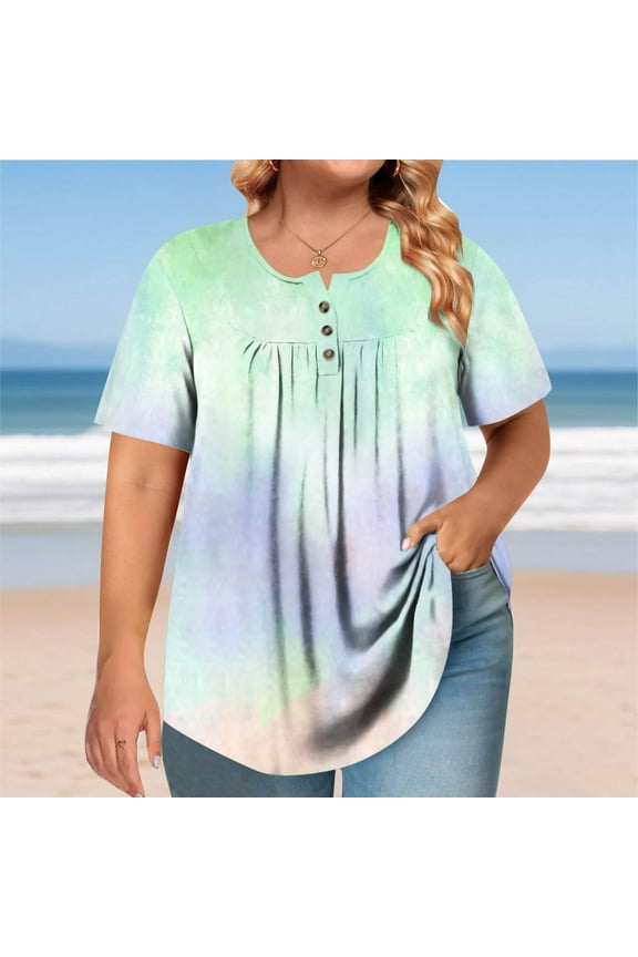 4X Women's Plus Size Clothes Under $10 Short Sleeved Round Neck Button Up Pleated T-shirt Top