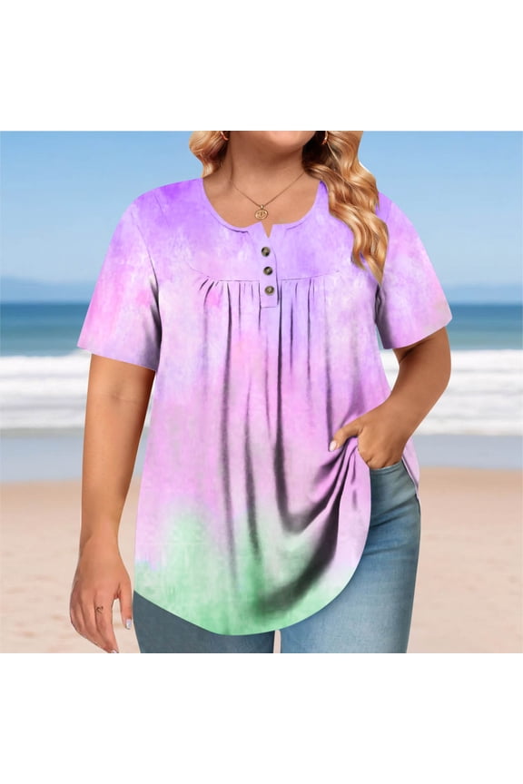 4X Women's Plus Size Clothes Under $10 Short Sleeved Round Neck Button Up Pleated T-shirt Top