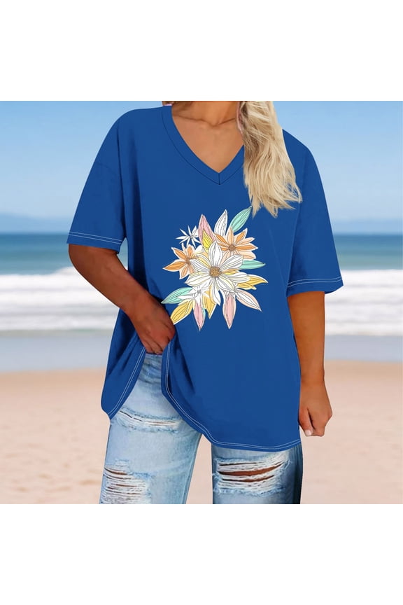 Plus Size 4X Women's V-Neck Short Sleeve T-Shirt Print Casual Top Under $10 Loose Fit Tee