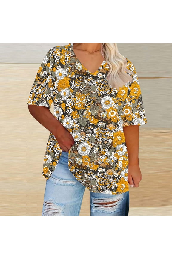 Plus Size Women's 4X Short Sleeve V-Neck Printed Casual Shirt Comfortable and Lightweight Under $10​​