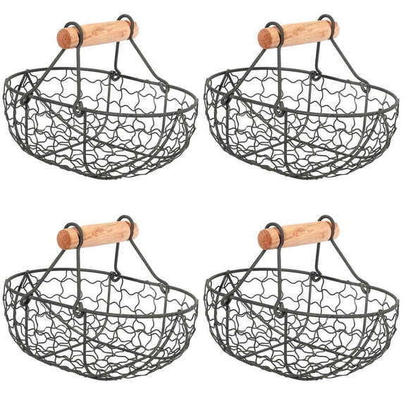 4X Wooden Handle Metal Retro Basket Portable Multi-Function Vegetable Fruit Egg Groceries Practical Storage Basket Black