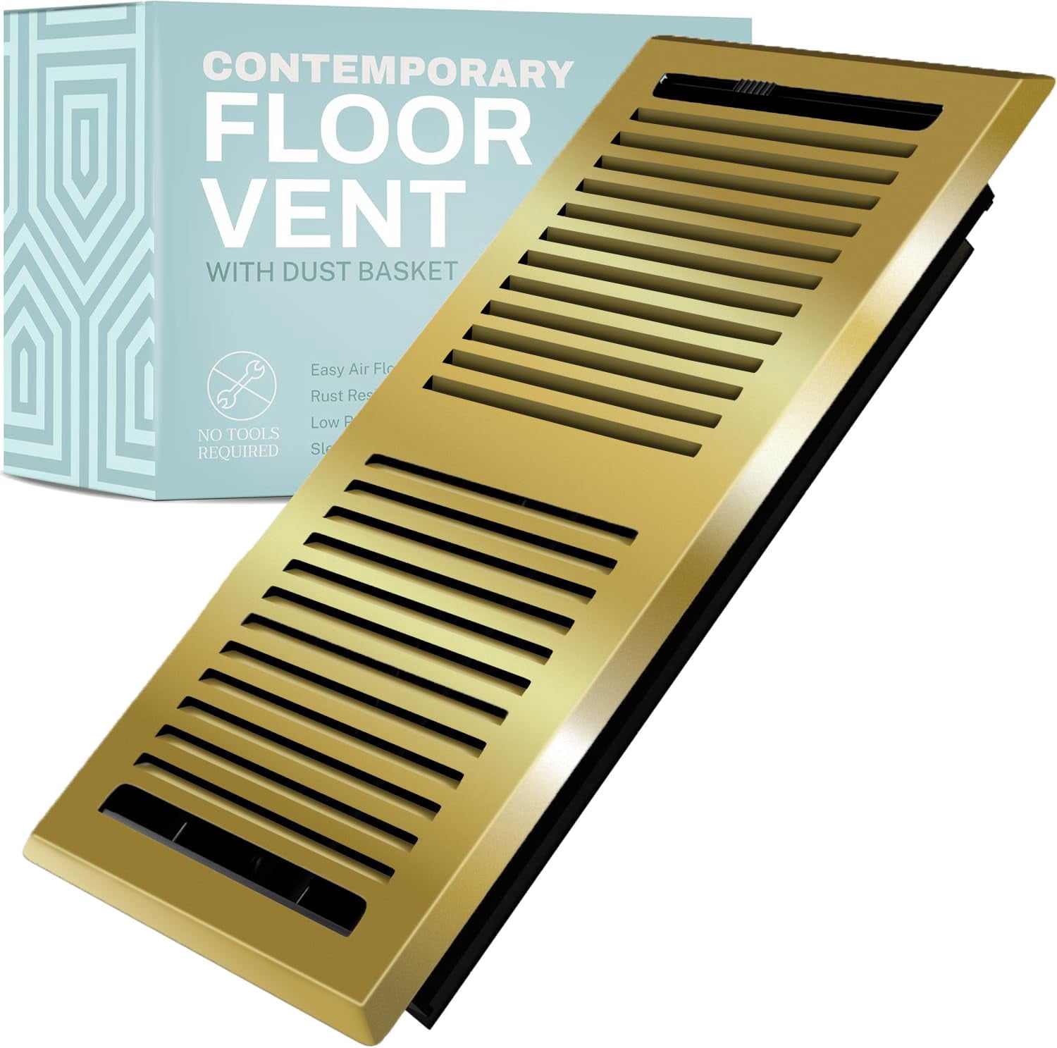 4X14 Floor Vent Covers Floor Register with Mesh Cover Trap, Heat and Air, Walkable Metal Floor Vent for HVAC Duct, Contemporary, Polished Brass