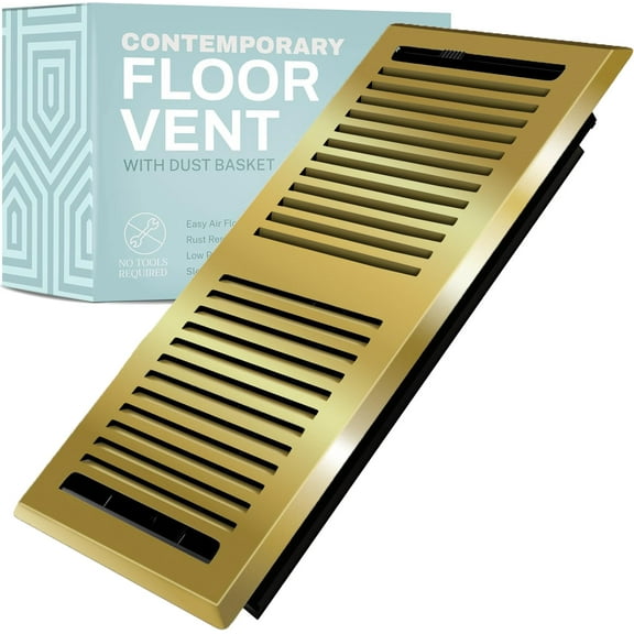 4X14 Floor Vent Covers Floor Register with Mesh Cover Trap, Heat and Air, Walkable Metal Floor Vent for HVAC Duct, Contemporary, Polished Brass